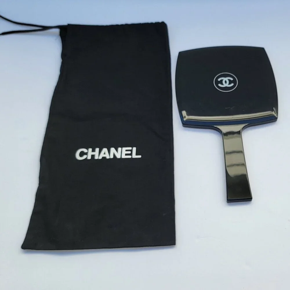 Authentic CHANEL Black Hand Mirror with protective pouch CC logo 9.5" x 5.5"